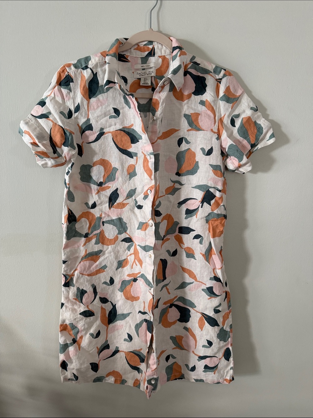 Rachel Zoe Short-Sleeve Button-Down Linen Mini Dress in White, Peach & Green
